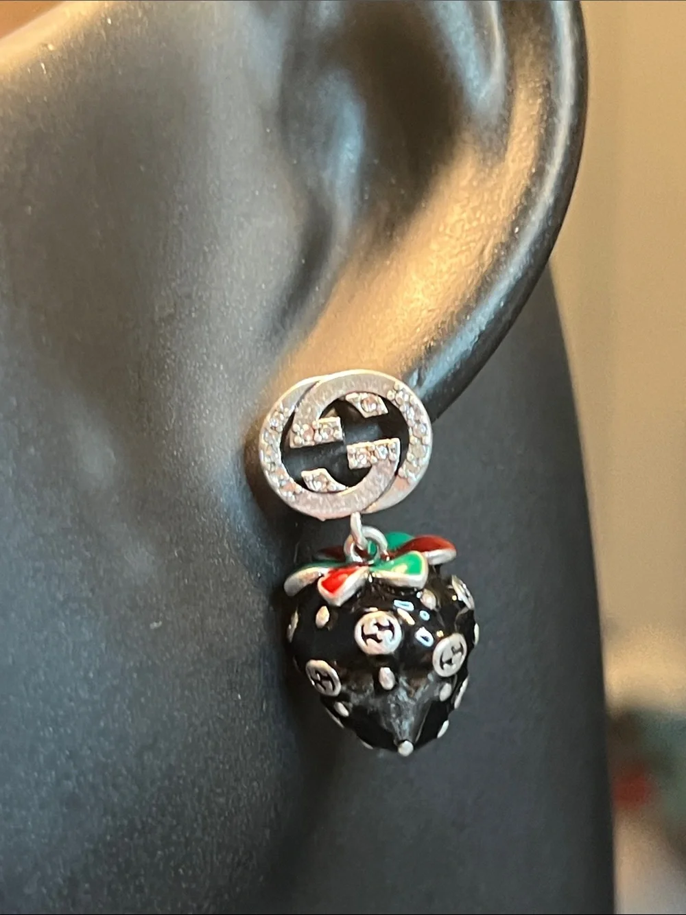 Black Enamel Strawberry Drop Earrings with Logo Accent
